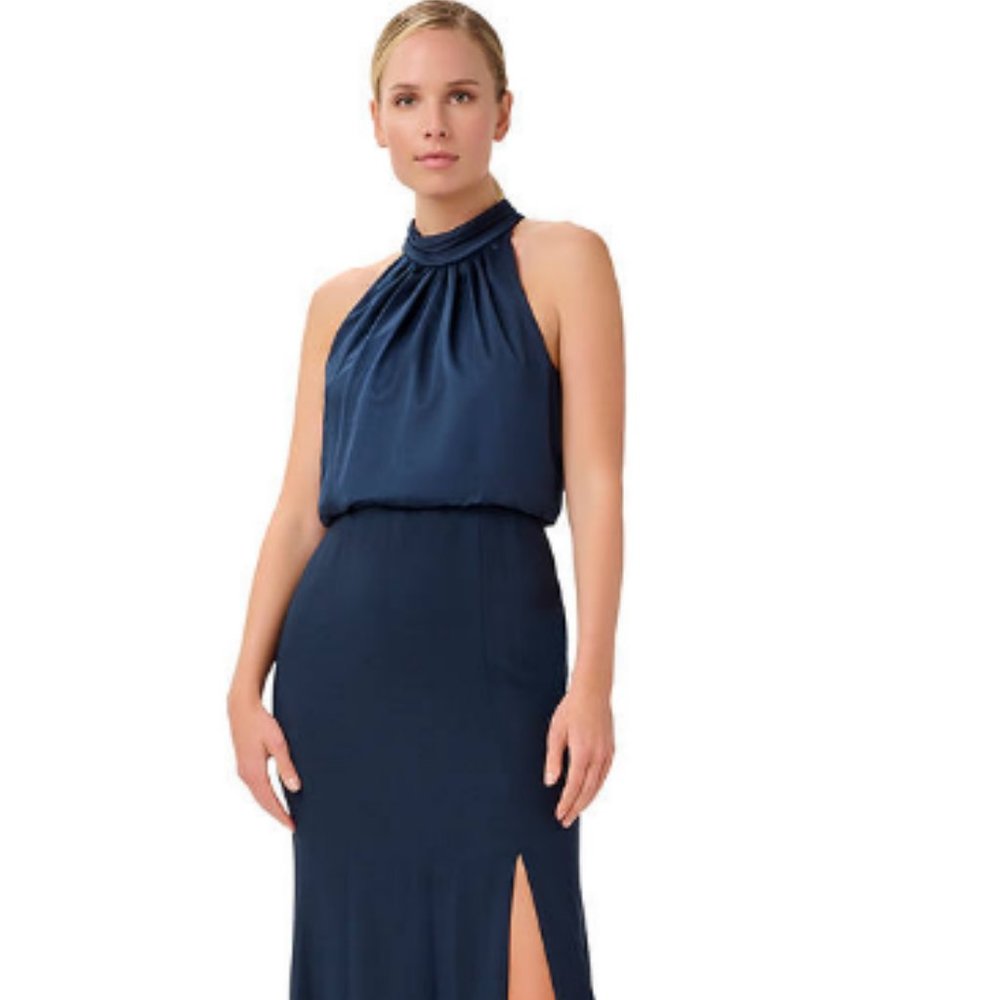 Adrianna Papell Halterneck Satin Side Slit Gown
